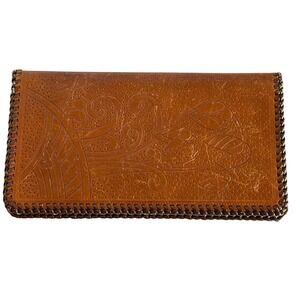 Vintage Tooled Leather Checkbook Wallet Brown Floral Design Hand Stitched